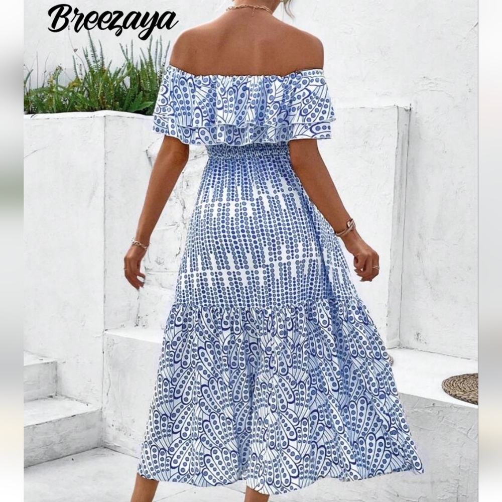 Blue Off-Shoulder Maxi Dress